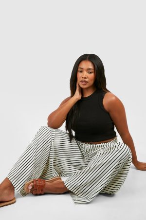 Plus Stripe Woven Elasticated Wide Leg Trouser