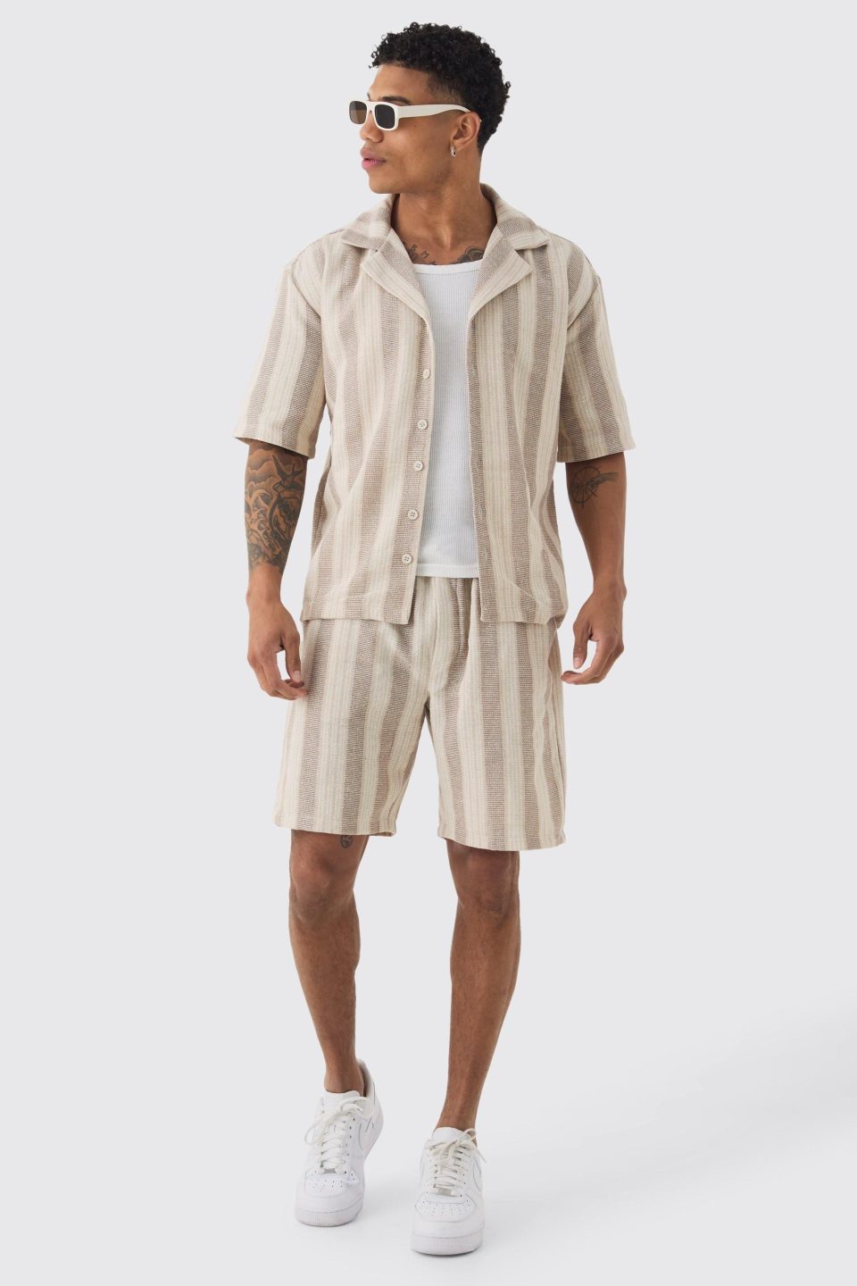 Oversized Revere Linen Look Stripe Shirt & Short Set