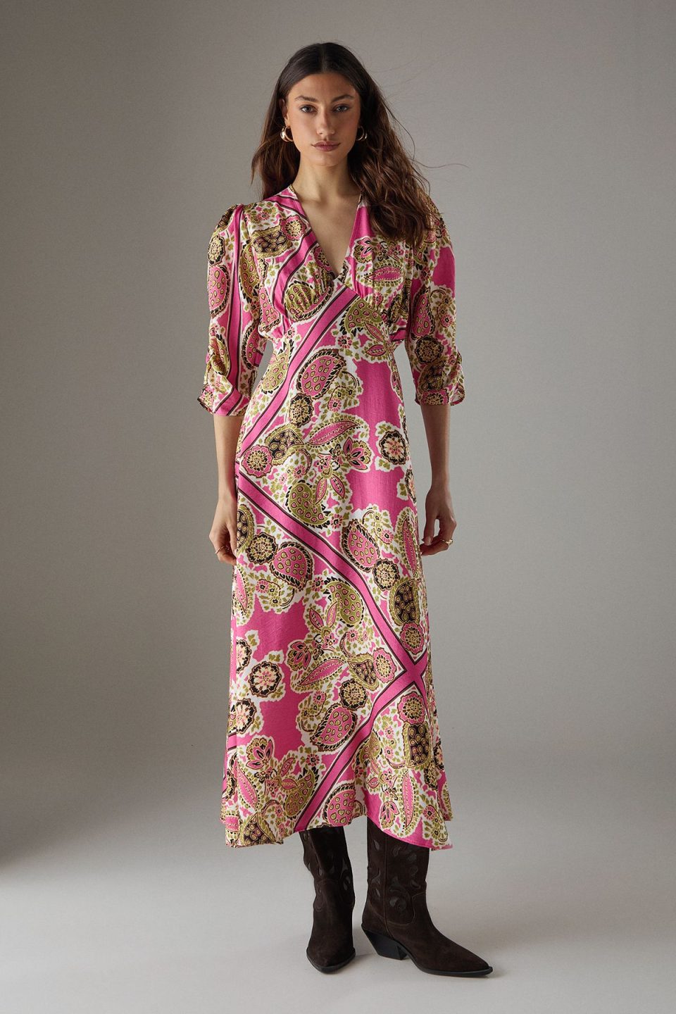 Viscose Paisley V Neck Puff Sleeve Midi