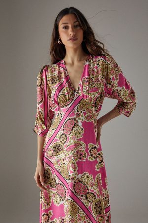 Viscose Paisley V Neck Puff Sleeve Midi