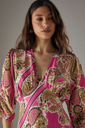 Viscose Paisley V Neck Puff Sleeve Midi