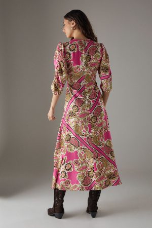 Viscose Paisley V Neck Puff Sleeve Midi