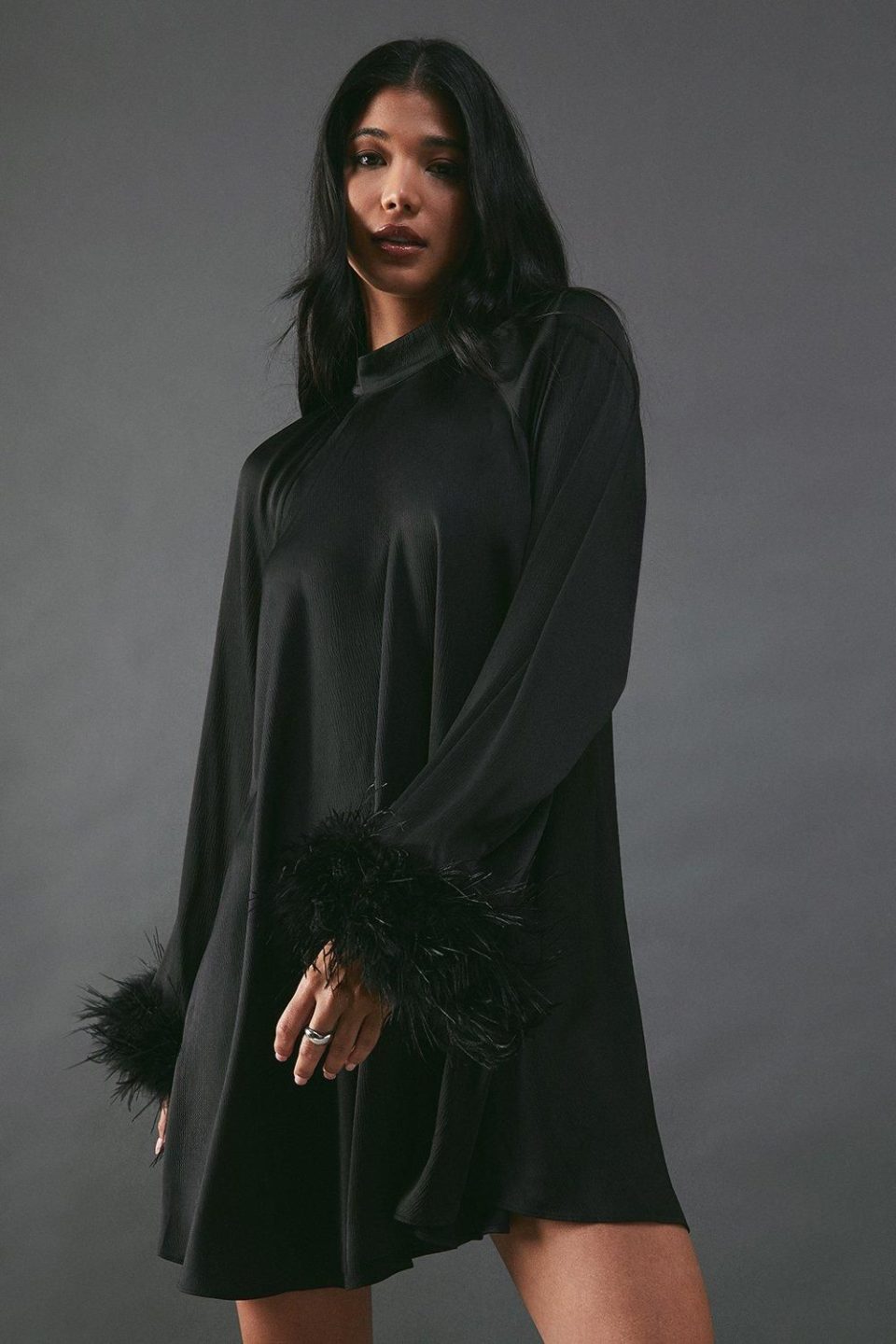 Premium Satin Feather High Neck Swing Mini Dress