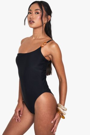 Resin Stone One Shoulder Swimsuit