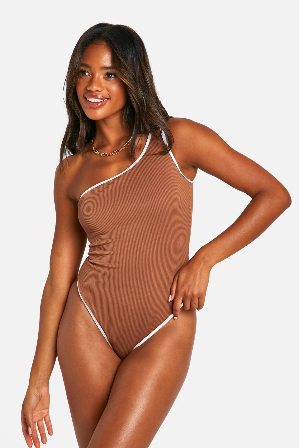 Contrast Binding Ribbed One Shoulder Swimsuit