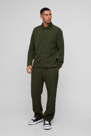 Oversized Two-tone Zip Ribbed Jersey Shirt & Straight Jogger Set