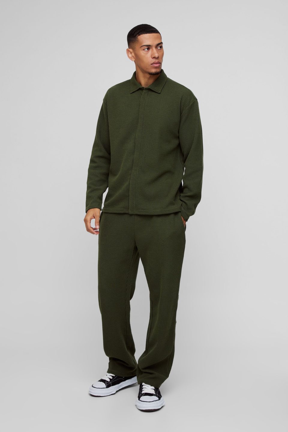 Oversized Two-tone Zip Ribbed Jersey Shirt & Straight Jogger Set