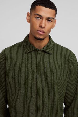Oversized Two-tone Zip Ribbed Jersey Shirt & Straight Jogger Set