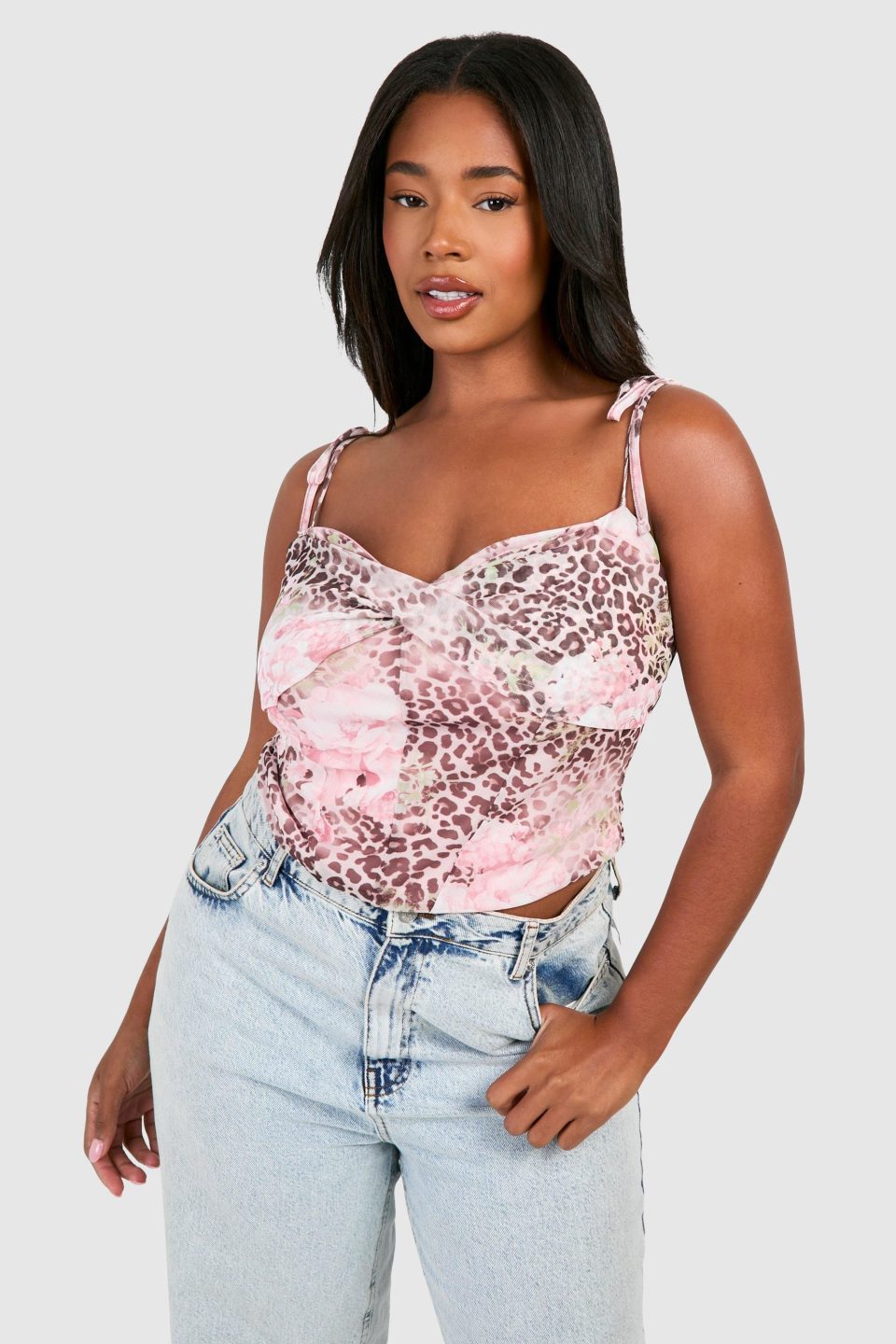 Plus Faded Leopard Mesh Tie Shoulder Corset Top