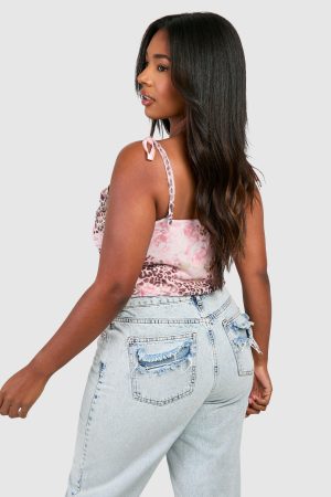 Plus Faded Leopard Mesh Tie Shoulder Corset Top