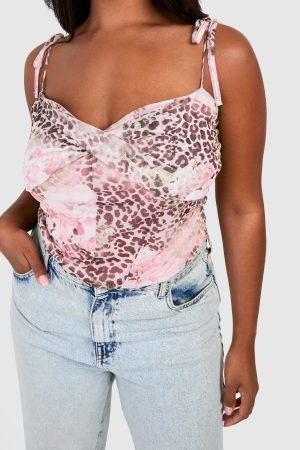 Plus Faded Leopard Mesh Tie Shoulder Corset Top