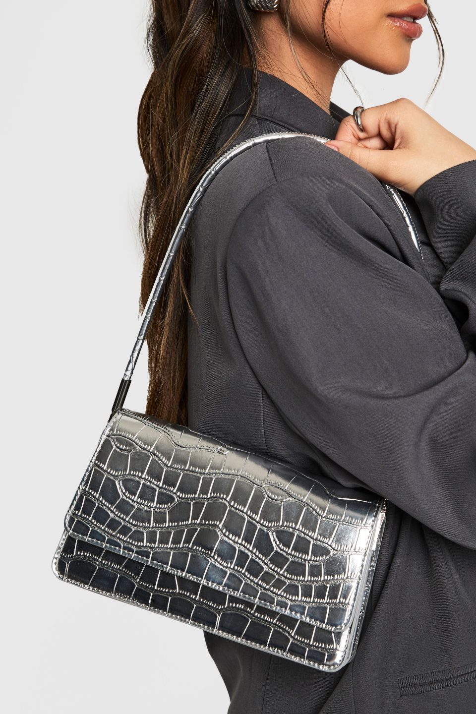 Silver Patent Croc Shoulder Bag