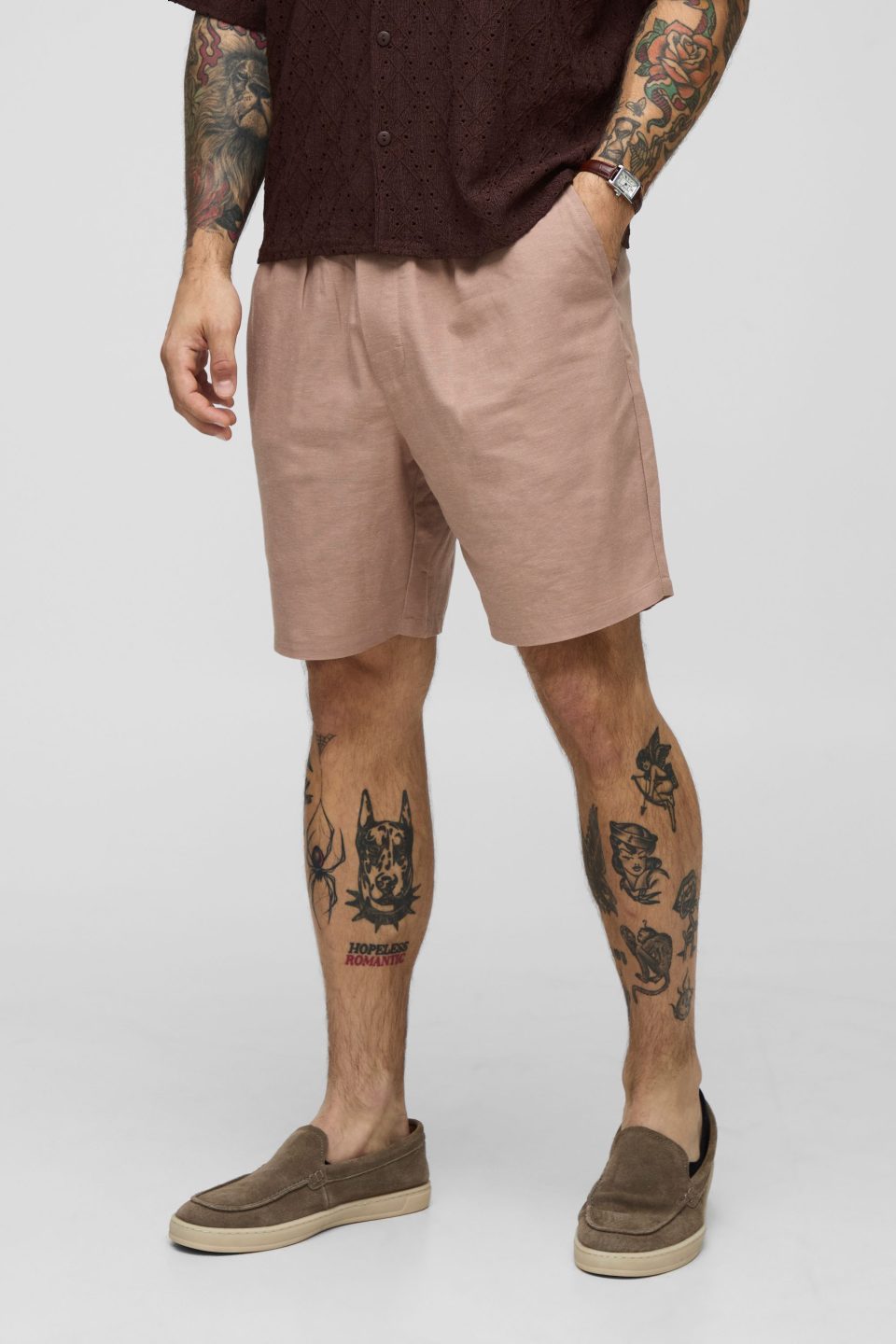 Elasticated Waist Slim Fit Mid Length Linen Blend Short