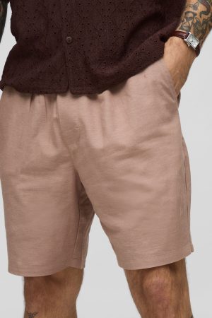 Elasticated Waist Slim Fit Mid Length Linen Blend Short
