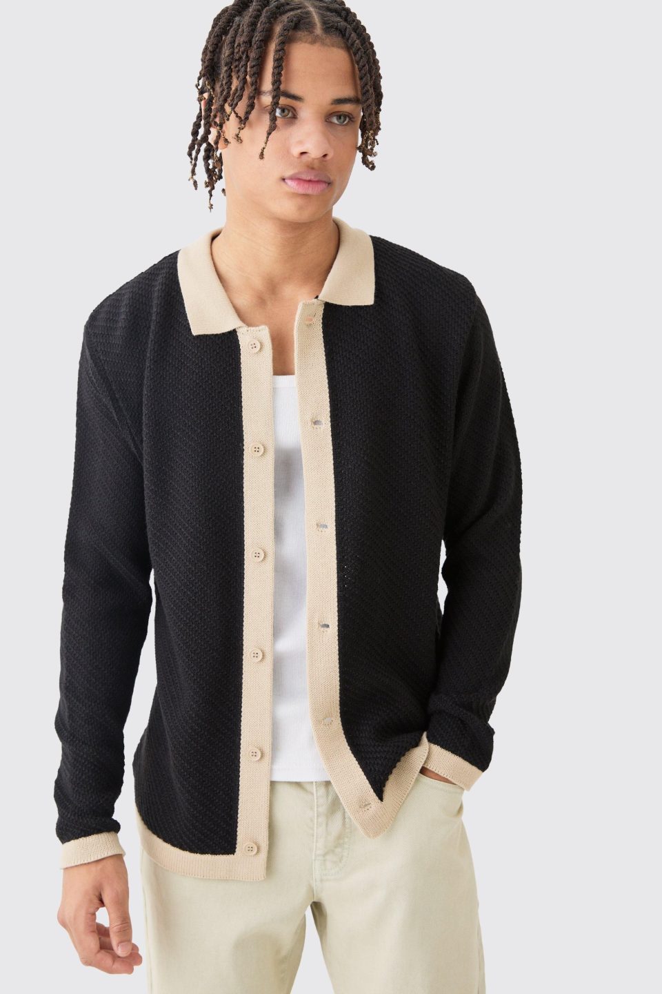 Long Sleeve Contrast Collar Knitted Shirt In Black