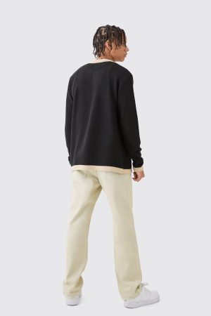Long Sleeve Contrast Collar Knitted Shirt In Black