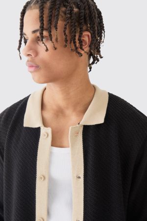 Long Sleeve Contrast Collar Knitted Shirt In Black