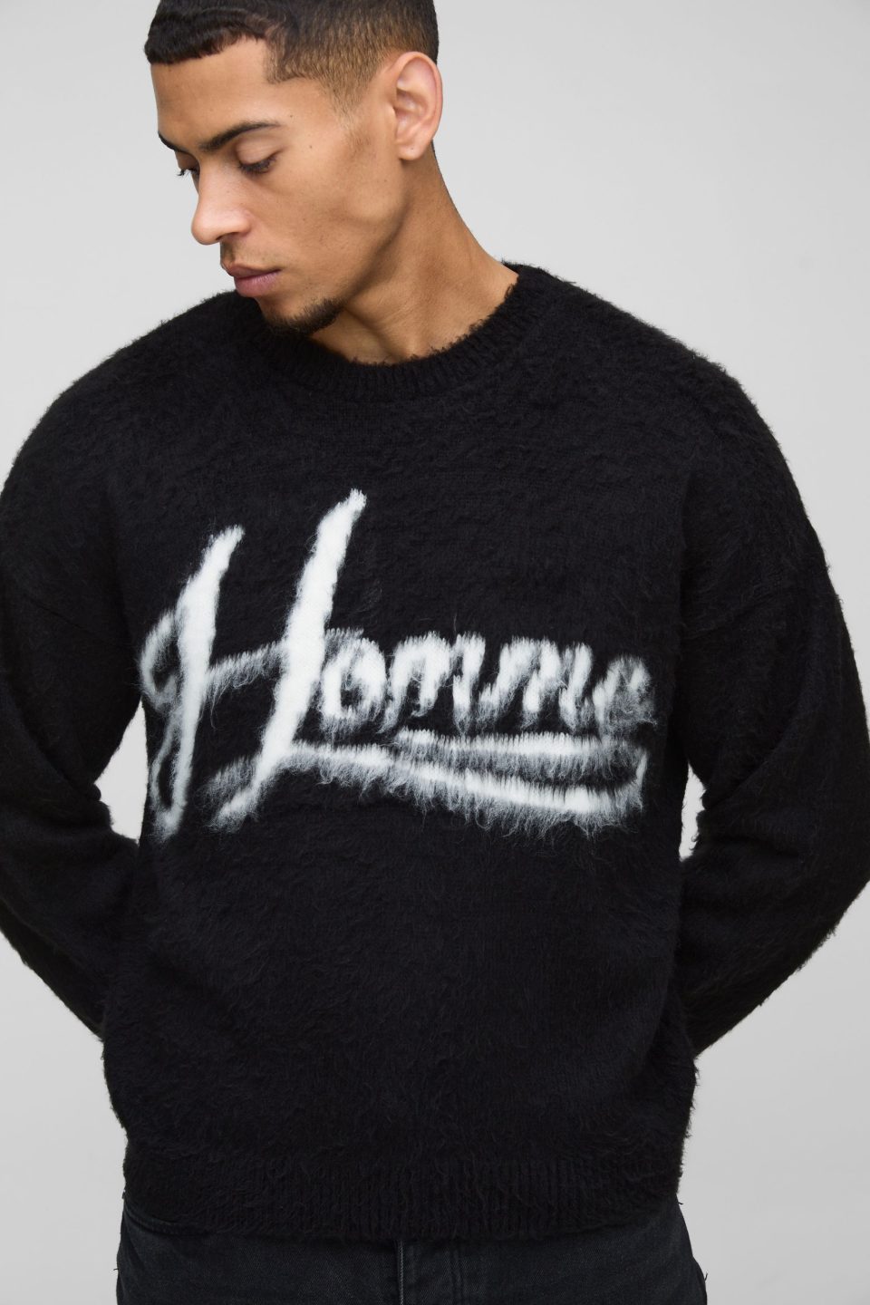Homme Oversized Boxy Brushed Slogan Knitted Jumper