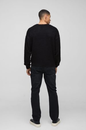 Homme Oversized Boxy Brushed Slogan Knitted Jumper