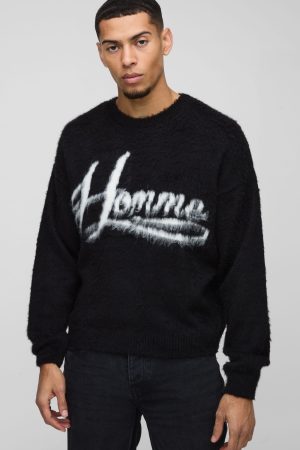 Homme Oversized Boxy Brushed Slogan Knitted Jumper
