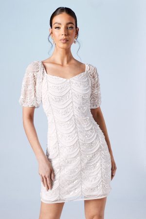 Pearl Scallop Detail Embellished Bridal Mini Dress