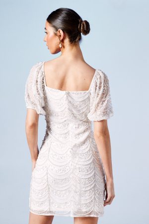 Pearl Scallop Detail Embellished Bridal Mini Dress