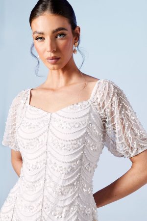 Pearl Scallop Detail Embellished Bridal Mini Dress