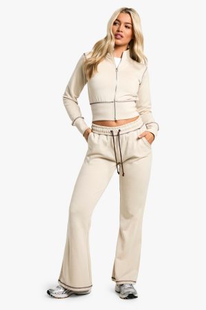 Contrast Stitch Shrunken Top And Flared Jogger Tracksuit
