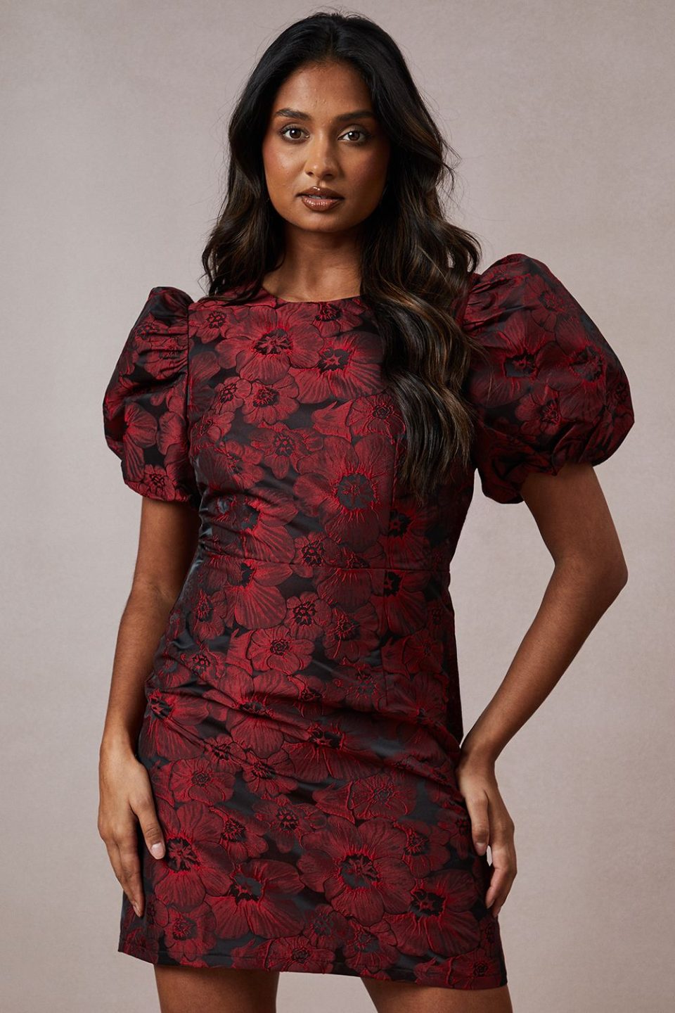 Occasion Jacquard Puff Sleeve Mini Dress