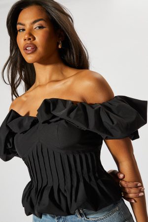 Ruffle Bardot Cinched Waist Top