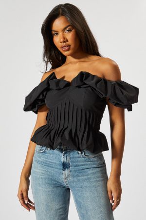 Ruffle Bardot Cinched Waist Top