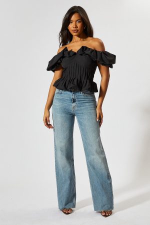 Ruffle Bardot Cinched Waist Top