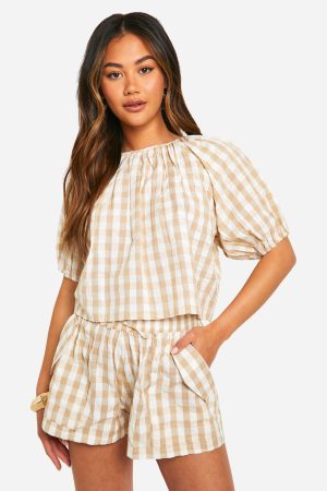 Gingham Puff Sleeve Top & Short Co-ord