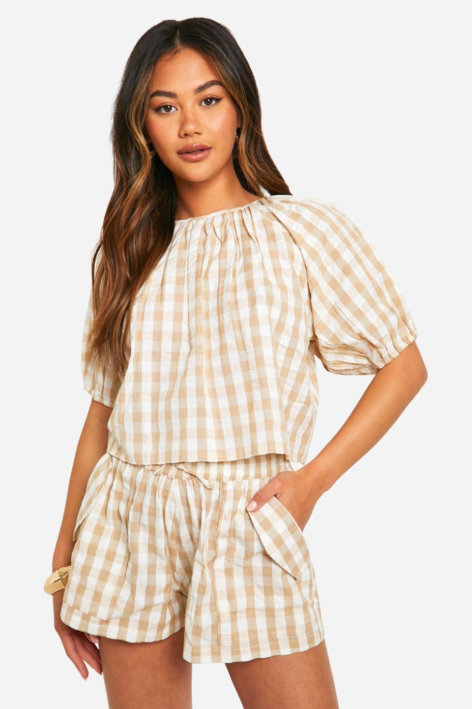 Gingham Puff Sleeve Top & Short Co-ord