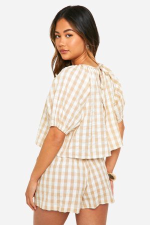Gingham Puff Sleeve Top & Short Co-ord