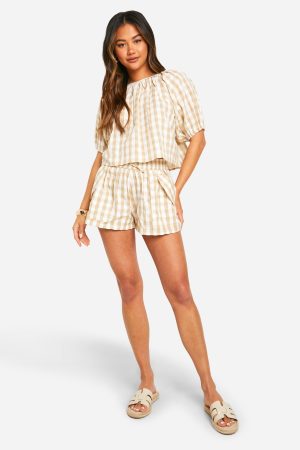 Gingham Puff Sleeve Top & Short Co-ord