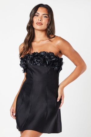 3D Floral Bodice Satin Mini Dress