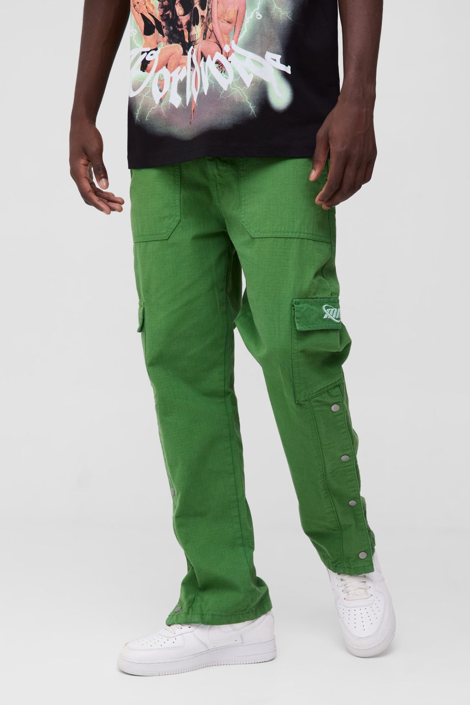 Straight Ripstop Popper Hem Branded Cargo Trousers