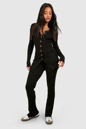 Long Cardigan And Wide Leg Knitted Set