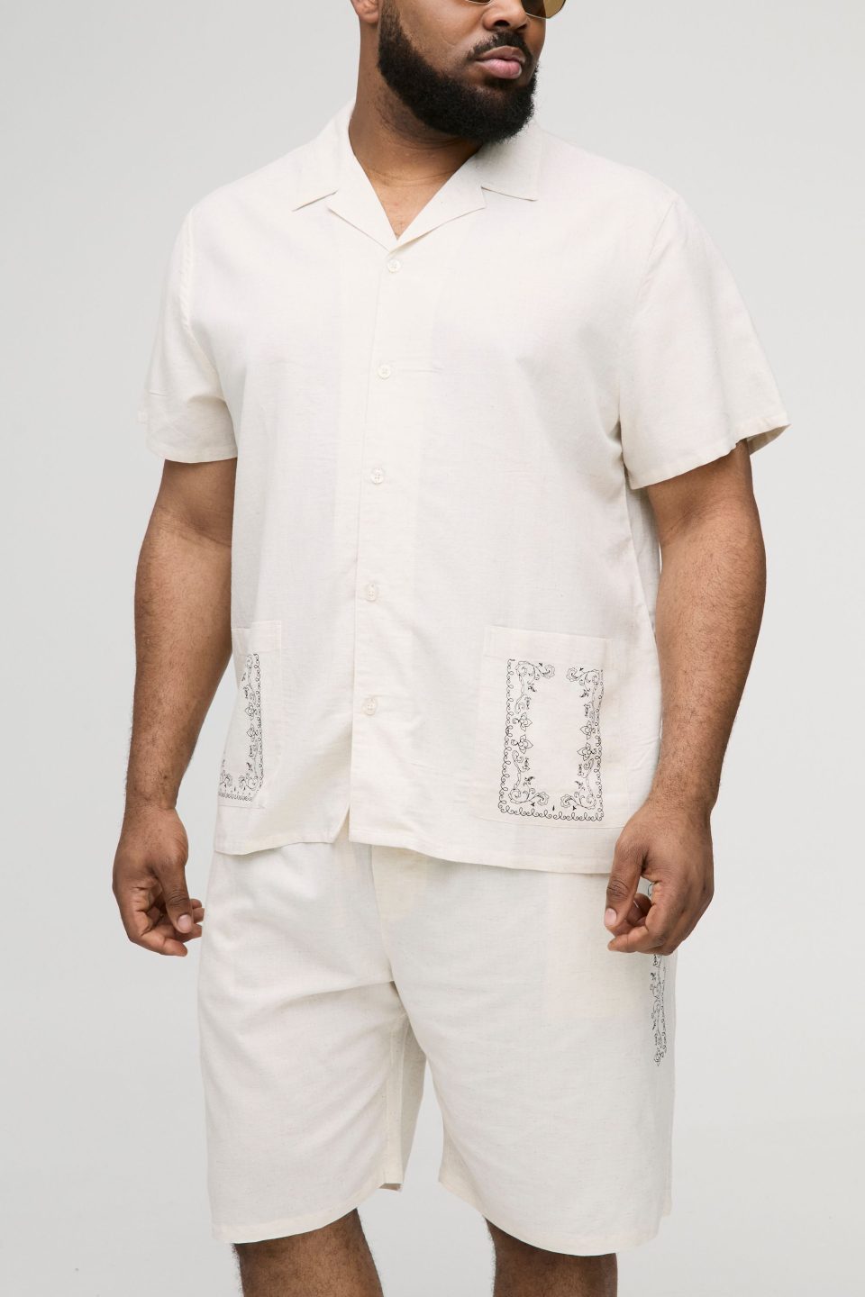Plus Regular Linen Look Border Print Shirt and Short Set