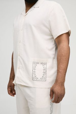 Plus Regular Linen Look Border Print Shirt and Short Set