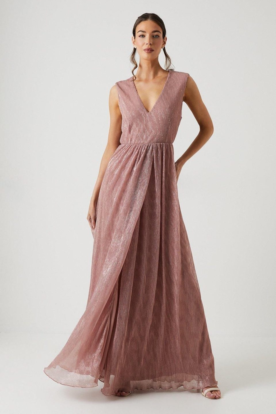 Metallic Plisse V Neck Bridesmaid Dress
