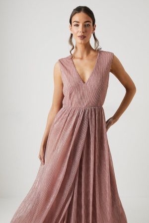 Metallic Plisse V Neck Bridesmaid Dress