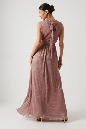 Metallic Plisse V Neck Bridesmaid Dress