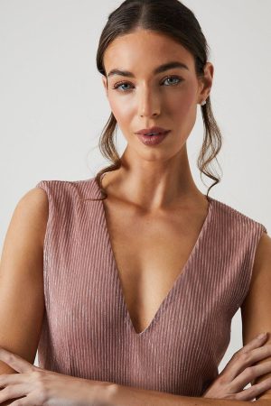 Metallic Plisse V Neck Bridesmaid Dress