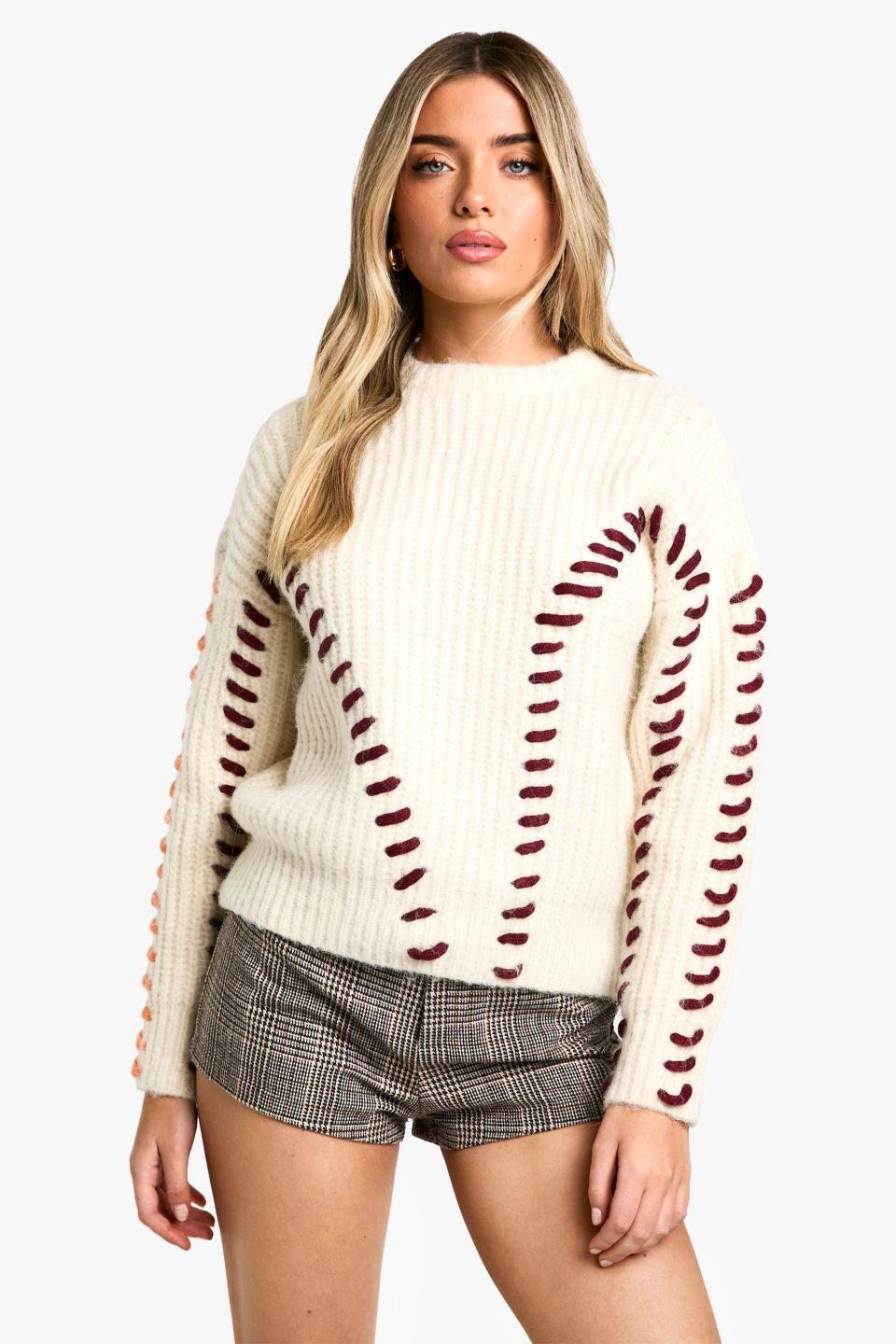 Fluffy Knit Contrast Stitch Detail Jumper